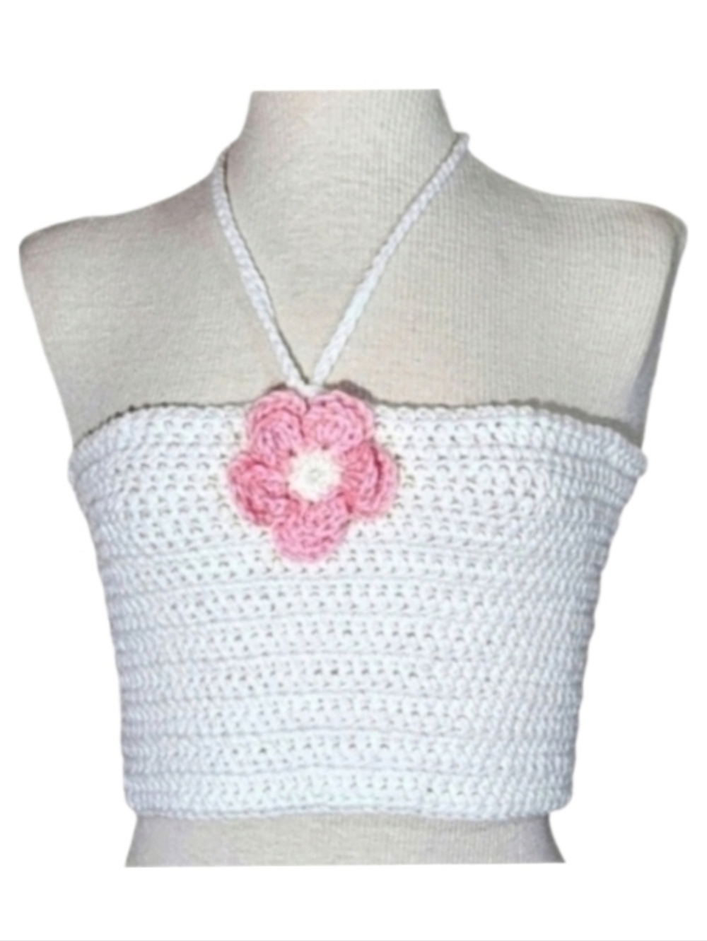 HANDCRAFTED Top Corsetted Cropped Crochet Floral White Sz S